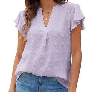 V Neck Ruffle Short Sleeve Blouse Swiss Dot Flowy Shirt Tunic Top Sz S